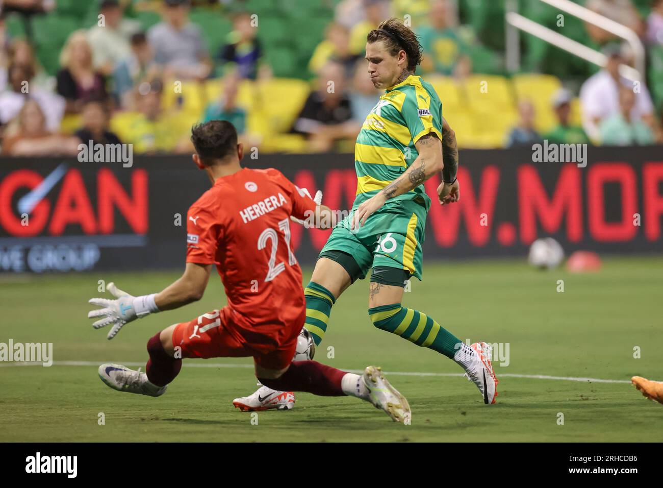 St Petersburg, FL: Il portiere del Monterey Bay FC Carlos Herrera (21) non è in grado di fermare l'attaccante dei Tampa Bay Rowdies Jake LaCava (16) dal segnare durante a Foto Stock