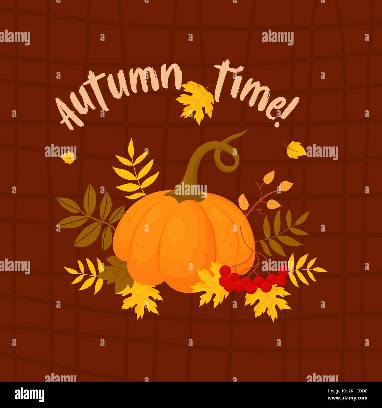 L'autunno. Zucca d'arancia con foglie variegate in autunno e bacche di rowan su fondo marrone scacchiato. Cartolina quadrata. Illustrazione vettoriale in carto Illustrazione Vettoriale