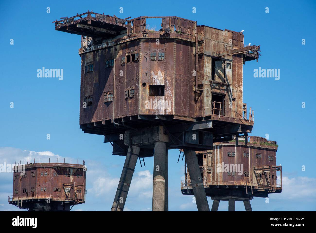 Whitstable, Regno Unito. 15 agosto 2023. I forti di Maunsell osservati con gravi difetti strutturali e molte delle loro parti caddero in mare. Al giorno d'oggi solo i gabbiani nidificano in loro. I forti Maunsell sono torri armate costruite nel Tamigi e negli estuari di Mersey durante la seconda guerra mondiale per difendere il Regno Unito. Sono stati costruiti tra il 1942 e il 1943 per la difesa antiaerea e per riferire a Londra circa l'aereo tedesco. Prendono tutti il nome dal designer Guy Maunsell. Credito: SOPA Images Limited/Alamy Live News Foto Stock
