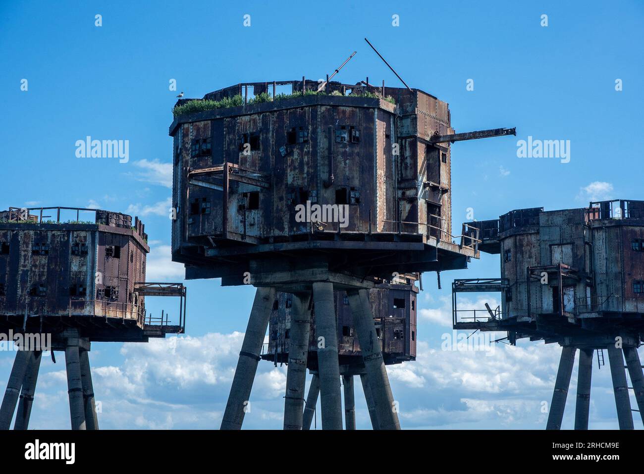 Whitstable, Regno Unito. 15 agosto 2023. I forti di Maunsell osservati con gravi difetti strutturali e molte delle loro parti caddero in mare. Al giorno d'oggi solo i gabbiani nidificano in loro. I forti Maunsell sono torri armate costruite nel Tamigi e negli estuari di Mersey durante la seconda guerra mondiale per difendere il Regno Unito. Sono stati costruiti tra il 1942 e il 1943 per la difesa antiaerea e per riferire a Londra circa l'aereo tedesco. Prendono tutti il nome dal designer Guy Maunsell. (Foto di Krisztian Elek/SOPA Images/Sipa USA) credito: SIPA USA/Alamy Live News Foto Stock