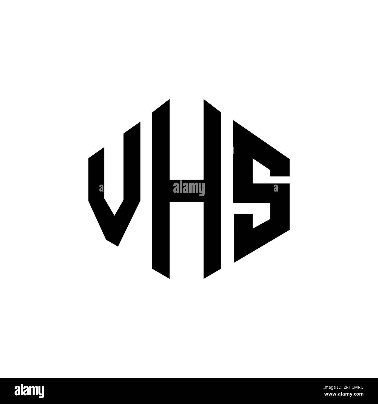 Logo VHS Letter con forma poligonale. Design con logo a forma di cubo e poligono VHS. Modello con logo vettoriale esagonale VHS in bianco e nero. Monogr VHS Illustrazione Vettoriale