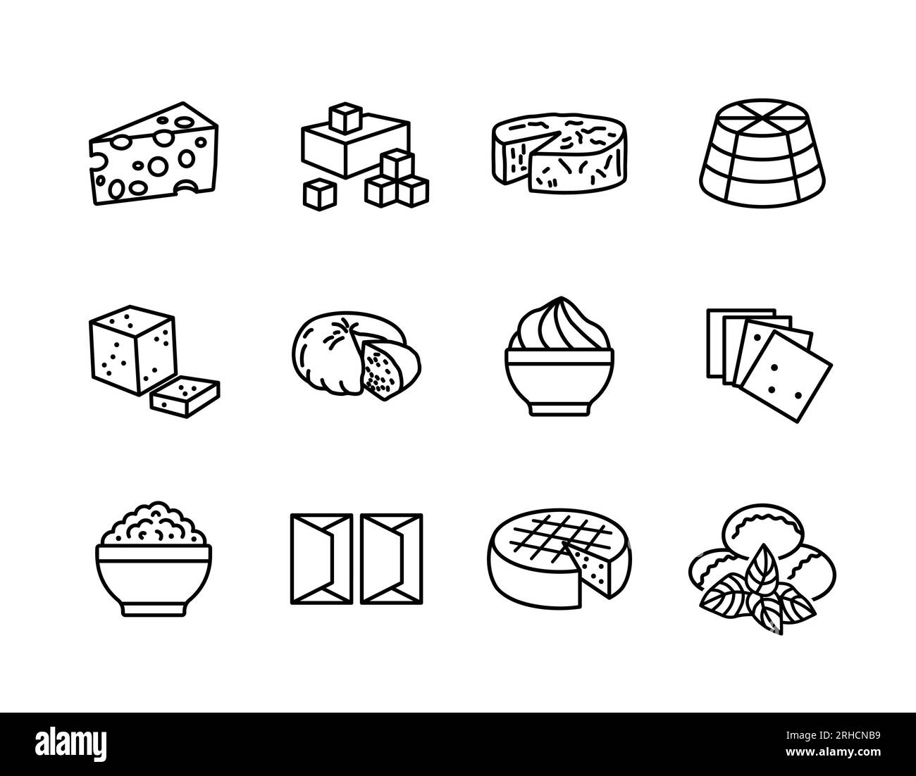 Set di icone del formaggio vettoriale. Cartello prodotti lattiero-caseari. Simbolo grafico per la progettazione di siti Web e app per cucinare, logo, app, interfaccia utente Illustrazione Vettoriale