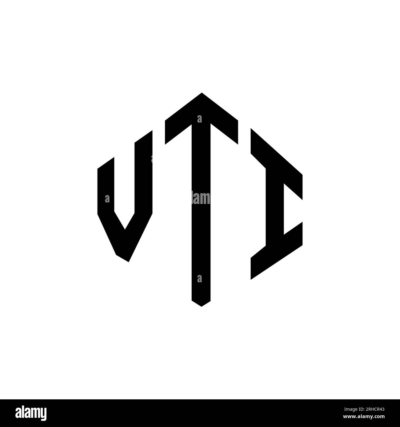 Logo VTI Letter con forma poligonale. Design con logo a forma di cubo e poligono VTI. Modello VTI con logo vettoriale esagonale in bianco e nero. VTI monogr Illustrazione Vettoriale