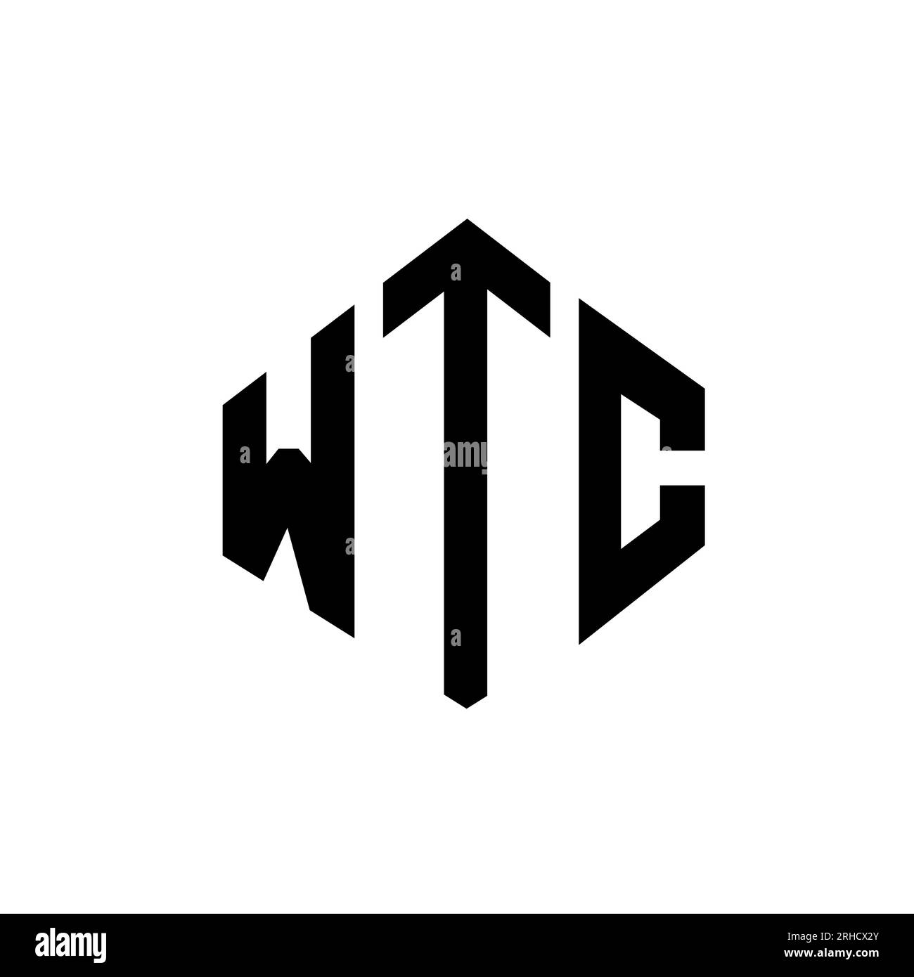 Logo WTC Letter con forma poligonale. Design con logo WTC a forma di cubo e poligono. Modello con logo vettoriale esagonale WTC in bianco e nero. WTC monogr Illustrazione Vettoriale