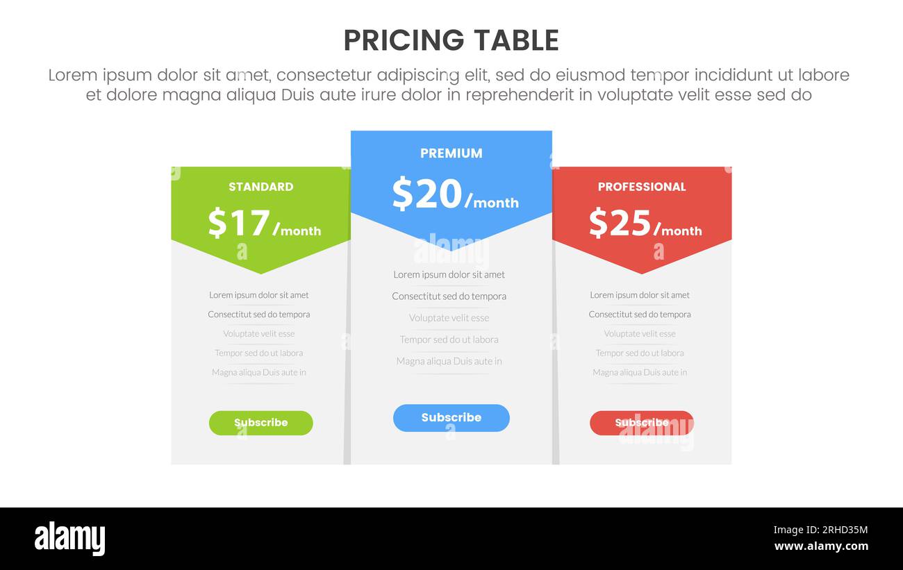 tabella dei prezzi o infografica di confronto dei prezzi modello di fase a 3 punti con stack di intestazione con badge a freccia per il vettore di presentazione delle diapositive Foto Stock