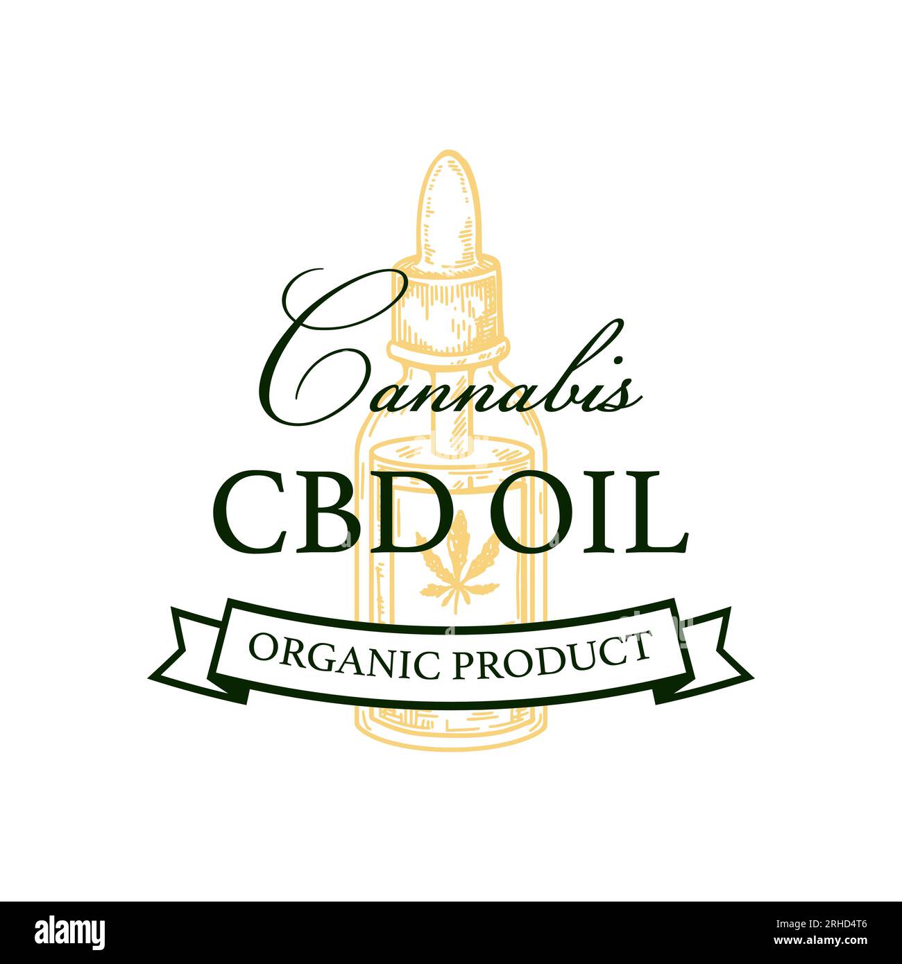 Design del packaging dell'olio di cannabis. Modello logo marijuana con elementi disegnati a mano. Illustrazione vettoriale nello stile di schizzo. Illustrazione Vettoriale