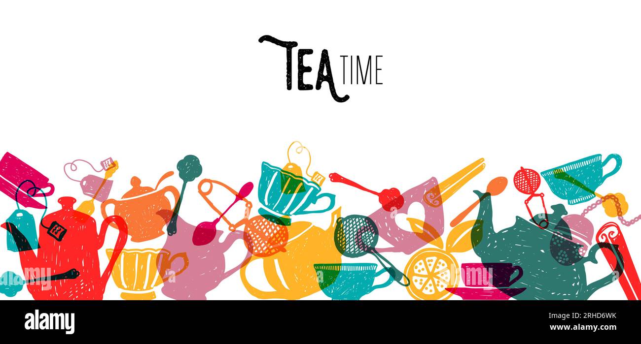 Tea tempo banner colorato disegno vettoriale. Elementi da cucina multicolore disegnati a mano su sfondo bianco isolato. Utilizzare per carta da parati, decorazione e. Illustrazione Vettoriale