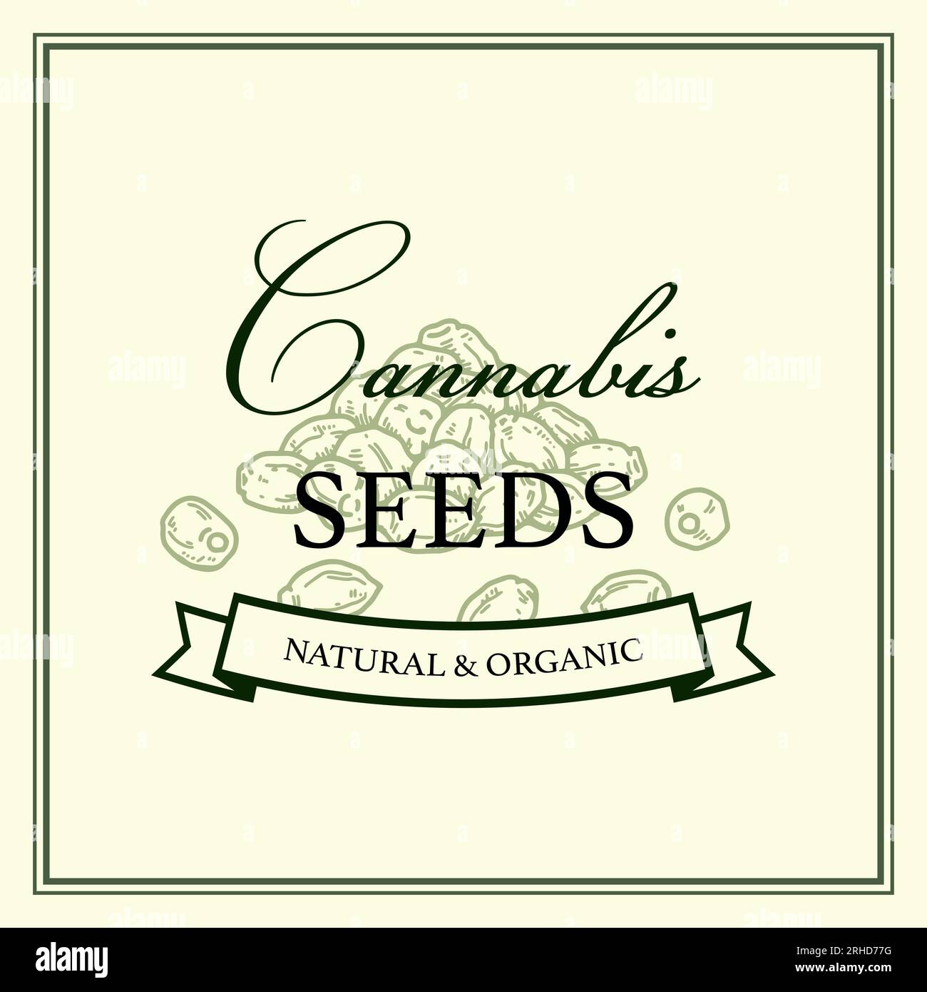 Design della confezione di prodotti a base di cannabis. Modello logo marijuana con elementi disegnati a mano. Illustrazione vettoriale nello stile di schizzo. Illustrazione Vettoriale