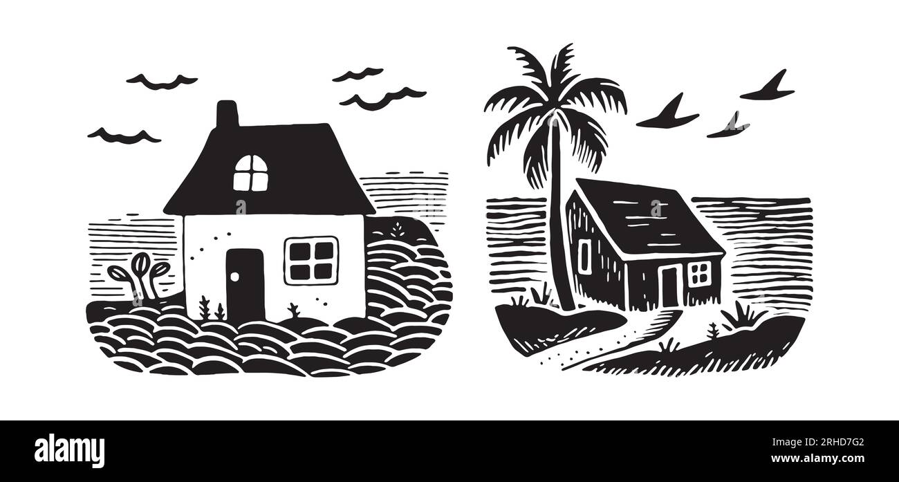 Gruppo di bizzarre case sulla spiaggia per l'illustrazione vettoriale del concetto di viaggio. Set di oggetti tropicali per le vacanze con stampa di capanne costiere. Illustrazione Vettoriale