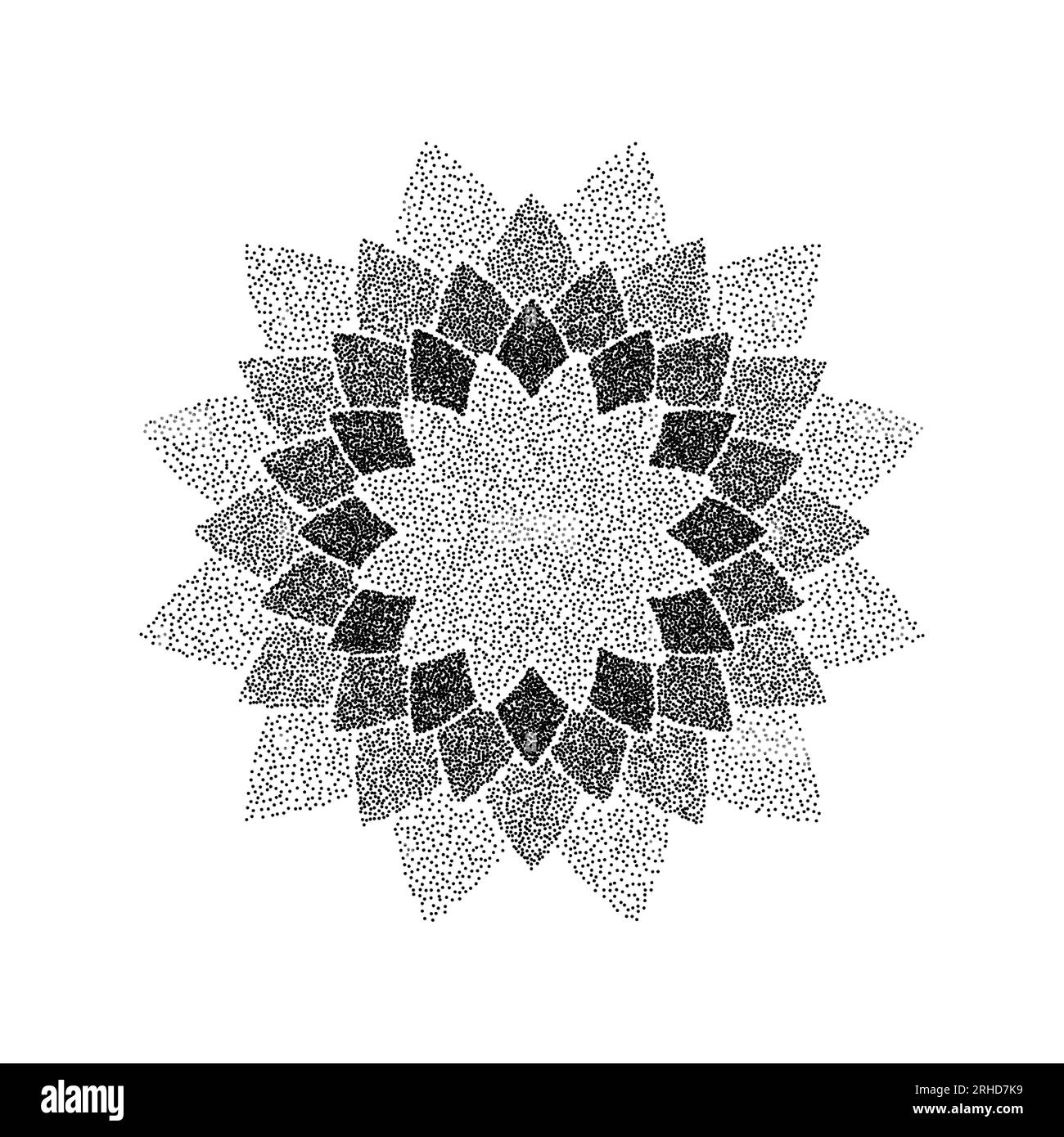 Soffocare lo sfondo del fiore. Mandala con ornamenti punteggiati. Forma a stella granulosità. Decorazioni floreali nere astratte. Motivo radiale Dotwork per tatuaggi, poster, abiti, badge, adesivi. Vettore Illustrazione Vettoriale