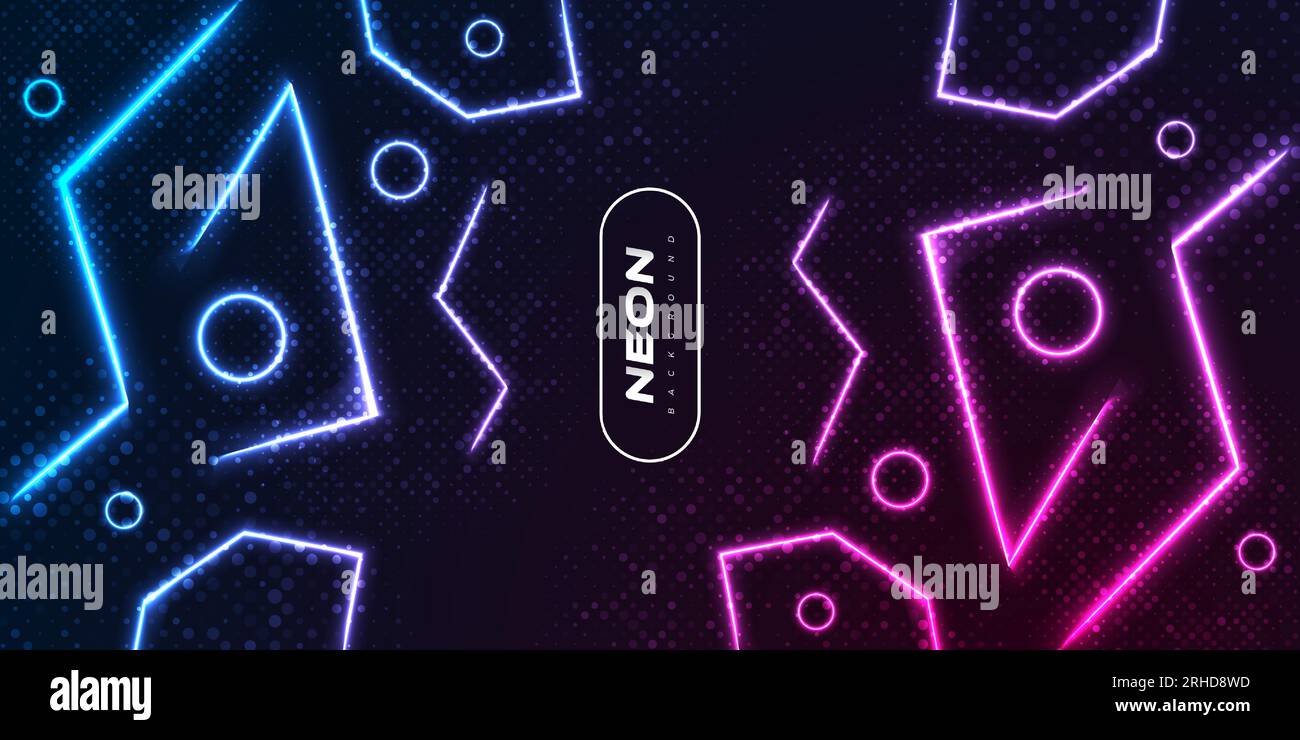 Sfondo moderno e futuristico con forme astratte con effetto neon luminoso e stile mezzitoni su sfondo scuro. Sfondo colorato al neon Illustrazione Vettoriale