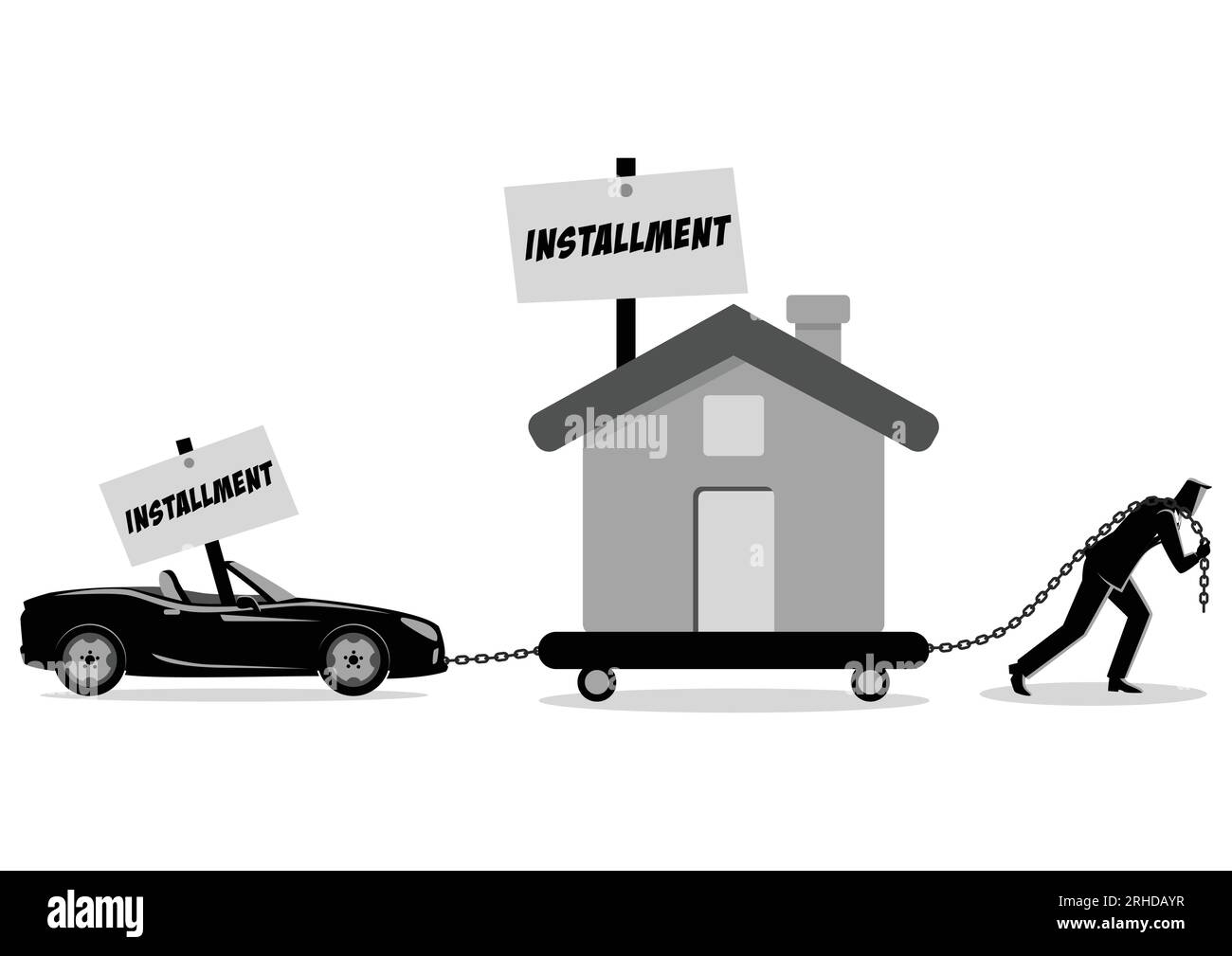 Illustrazione vettoriale di concetto di business di un uomo d'affari che trascina una casa e un'auto convertibile. Problema finanziario, onere, pressione, debito, rata c Illustrazione Vettoriale