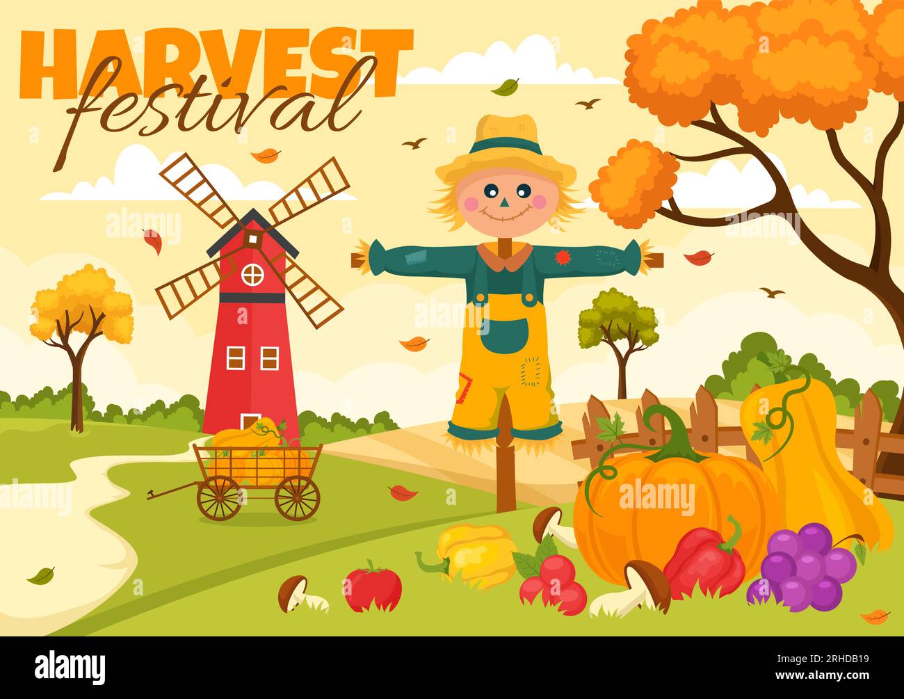Happy Harvest Festival illustrazione vettoriale dello sfondo autunnale con zucche, foglie d'acero, frutta o verdura in modelli di cartone piatti Illustrazione Vettoriale