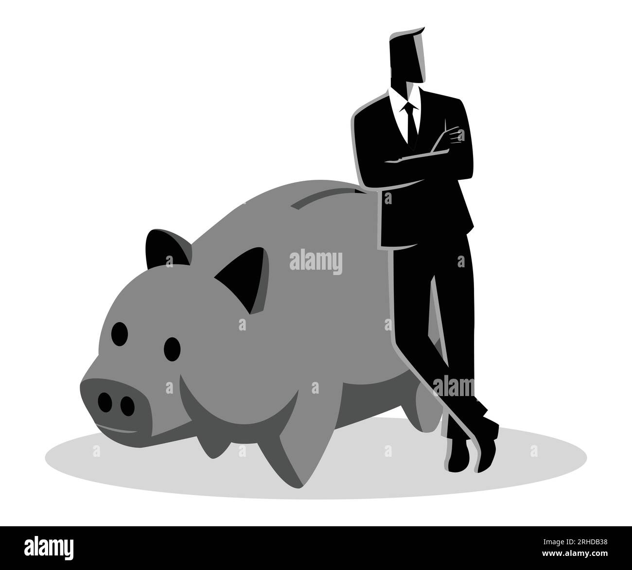Business Concept vettore illustrazione di un uomo d'affari appoggiato su gigante banco di piggy Illustrazione Vettoriale