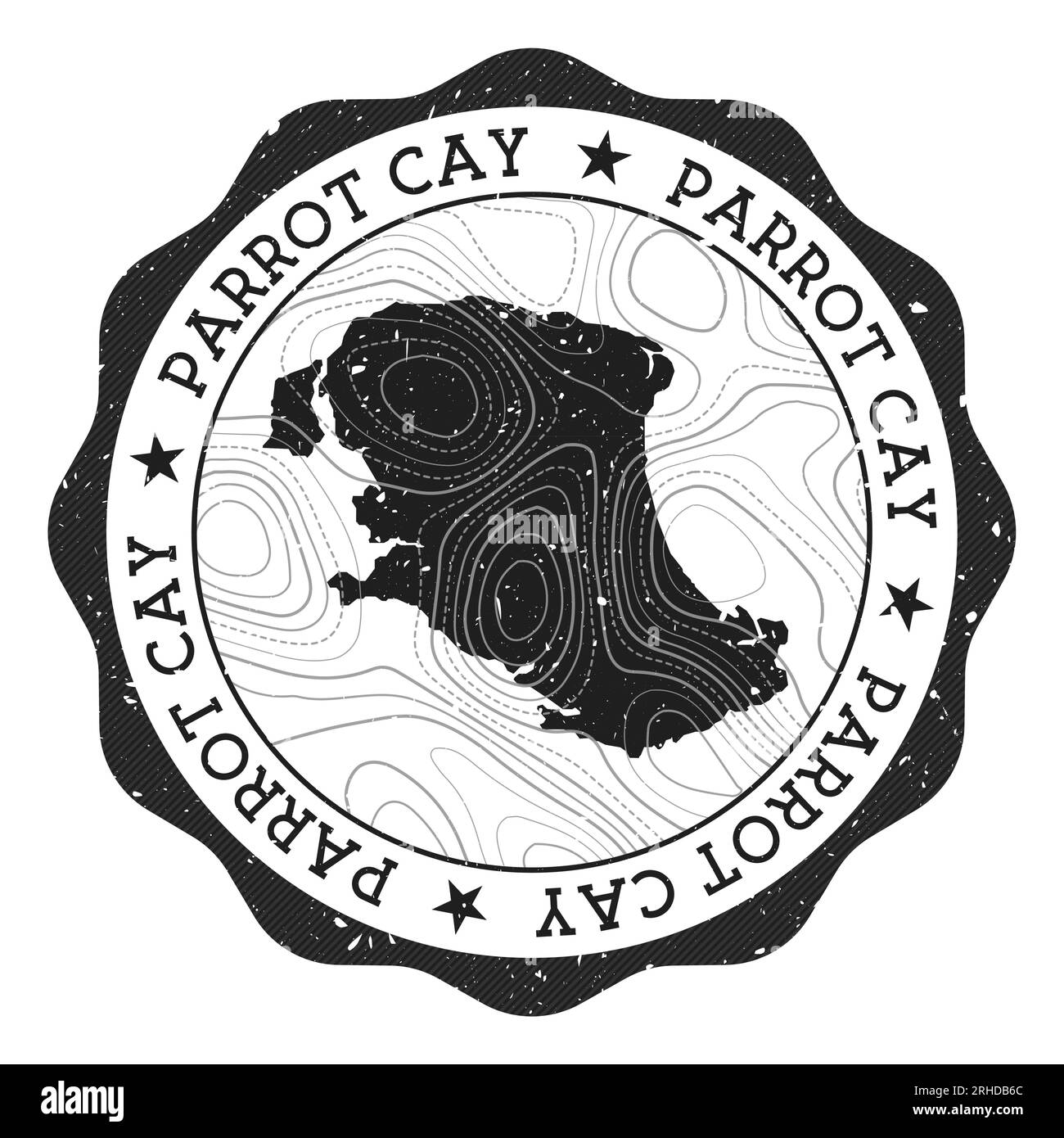 Francobollo all'aperto Parrot Cay. Adesivo rotondo con mappa dell'isola con isoline topografiche. Illustrazione vettoriale. Illustrazione Vettoriale