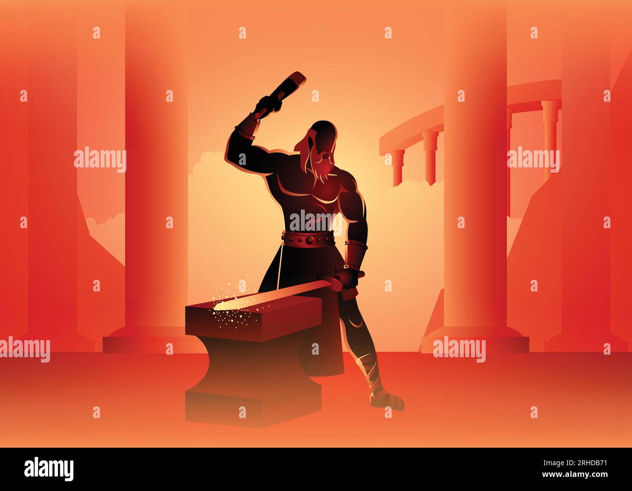 La serie di illustrazioni vettoriali di dio e della dea greca, Hefaestus, il dio del fuoco, la lavorazione dei metalli, la muratura della pietra, le fucine e l'arte della scultura. Illustrazione Vettoriale