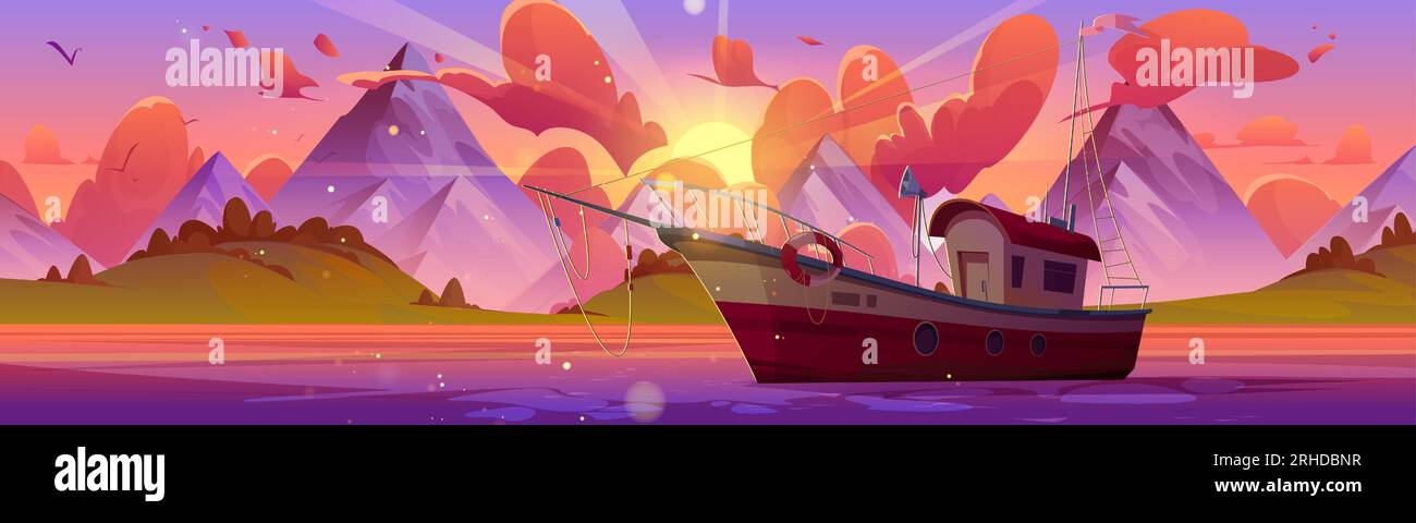 Barca da pesca sul lago di montagna sullo sfondo del cielo al tramonto. Illustrazione vettoriale di un'imbarcazione da traino retrò galleggiante sull'acqua del fiume, splendido paesaggio naturale, sole che splende attraverso nuvole rosa all'alba Illustrazione Vettoriale