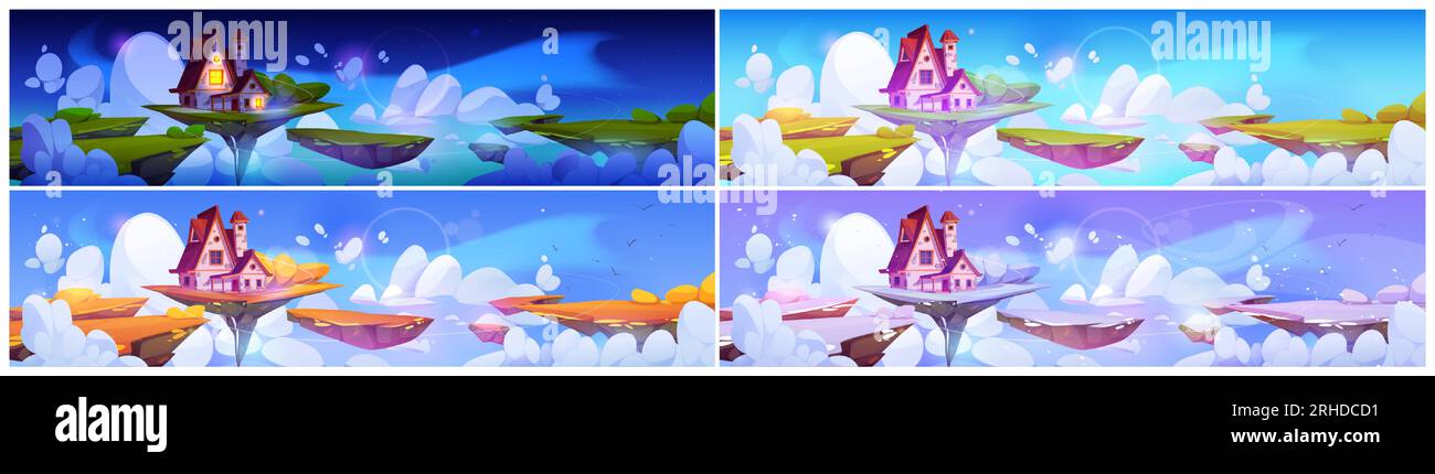 La casa magica galleggia sul set di cartoni animati vettoriali della stagione paesaggistica della piattaforma. illustrazione da favola con isola galleggiante nel cielo e capanna fantasy in autunno, inverno e notte. Scenografie da favola e da sogno Illustrazione Vettoriale
