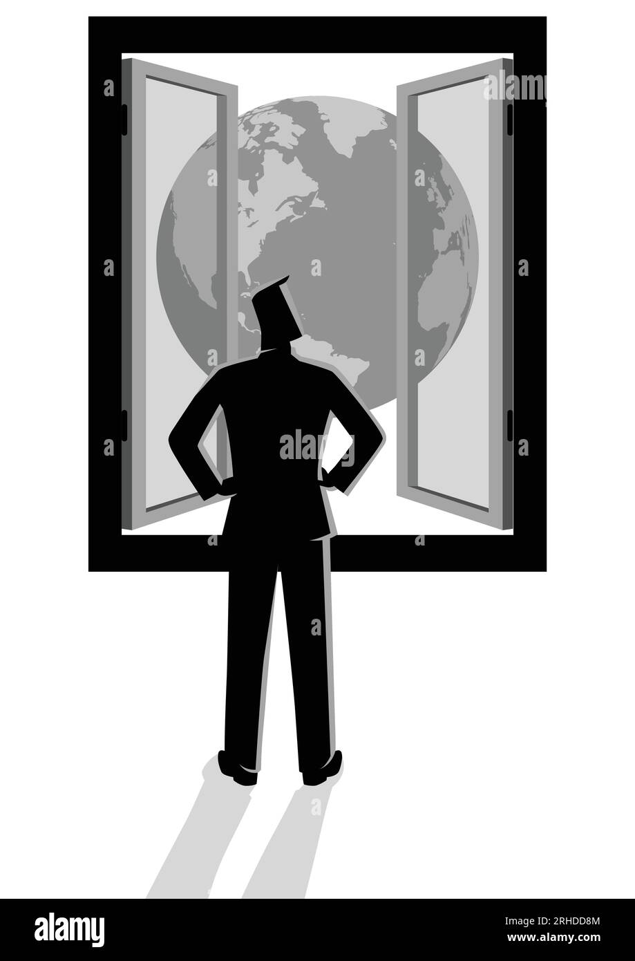 Business concept semplice flat vettore illustrazione di uomo d'affari guardando attraverso finestra con vista del mondo Illustrazione Vettoriale