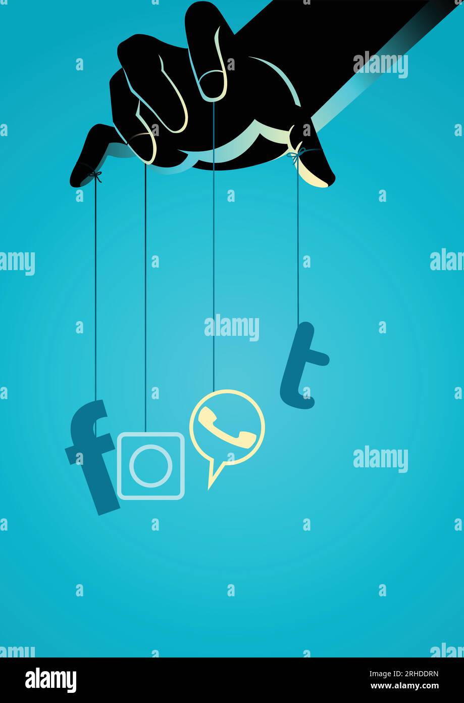 Semplice illustrazione vettoriale di un maestro di burattini che controlla i social media simbolo Illustrazione Vettoriale