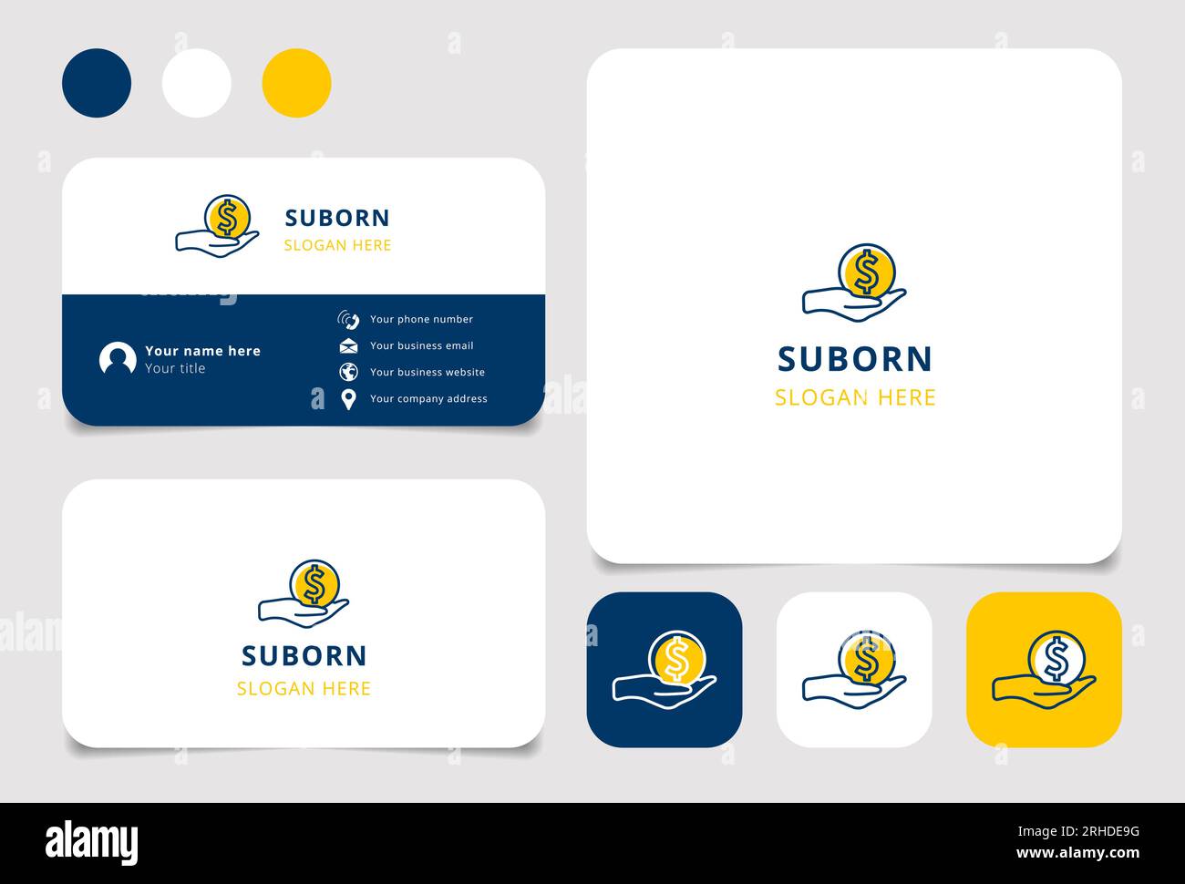 Design del logo suborn con slogan modificabile. Libro di branding e modello di biglietto da visita. Illustrazione Vettoriale