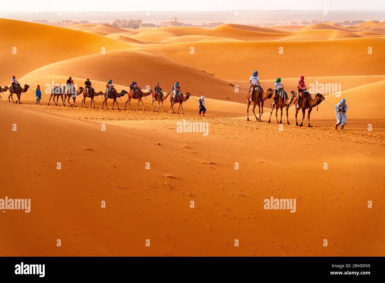 Uomini tuareg che guidano una carovana di cammelli nell'idilliaco paesaggio del deserto del Sahara, Erg Chebbi, Merzouga, Marocco Foto Stock