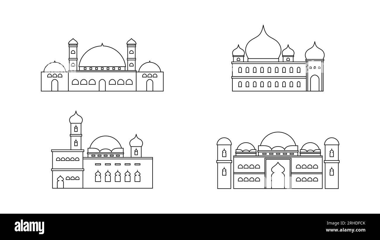 Quattro moschea islamica isolate su sfondo bianco per il concetto ramadan. Illustrazione Vettoriale