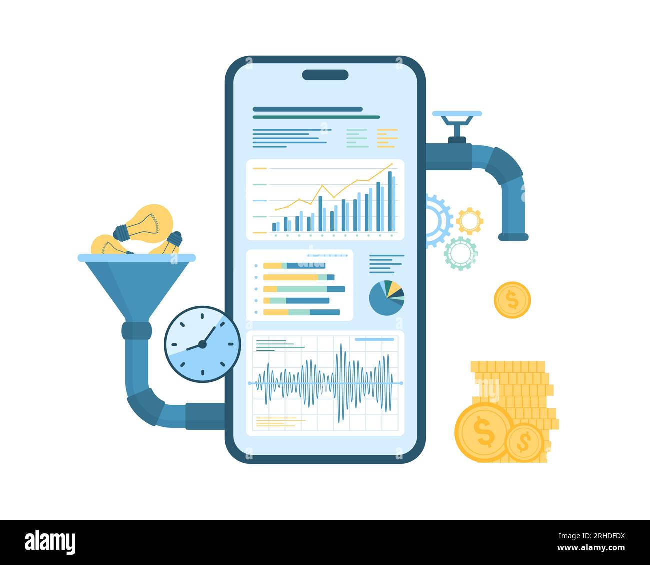 Converti le idee in denaro con l'app mobile nell'illustrazione vettoriale  per telefono. Smartphone isolato per cartoni animati con imbuto e tubi,  sistema di ricerca di marketing e analisi di report grafici di