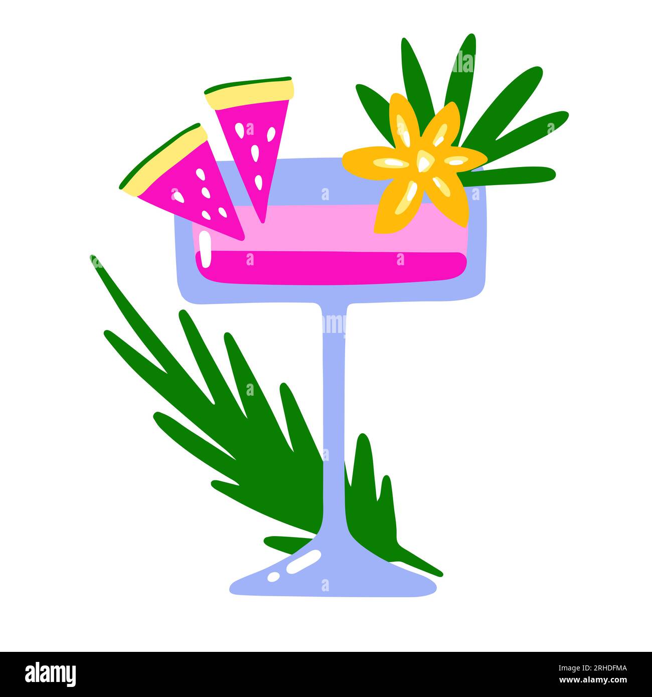 Cocktail tropicale a cartoni animati. Strati rosa bevono su sfondo bianco. Liquore disegnato a mano con anguria, foglie, fiori. Bevanda, soda, succo a gambo Illustrazione Vettoriale