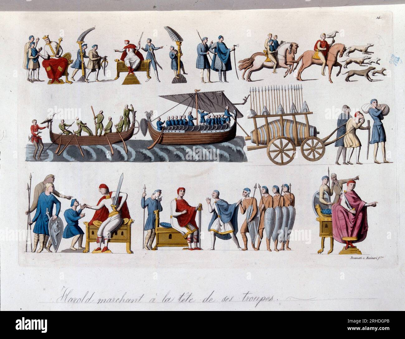 Harold II marchant a la tete de ses Troupes - in 'le costume ancien et moderne' par Ferrario, 1819-20 -- Harold II c.1022-66 guidò le sue truppe e altre scene del Bayeux Foto Stock