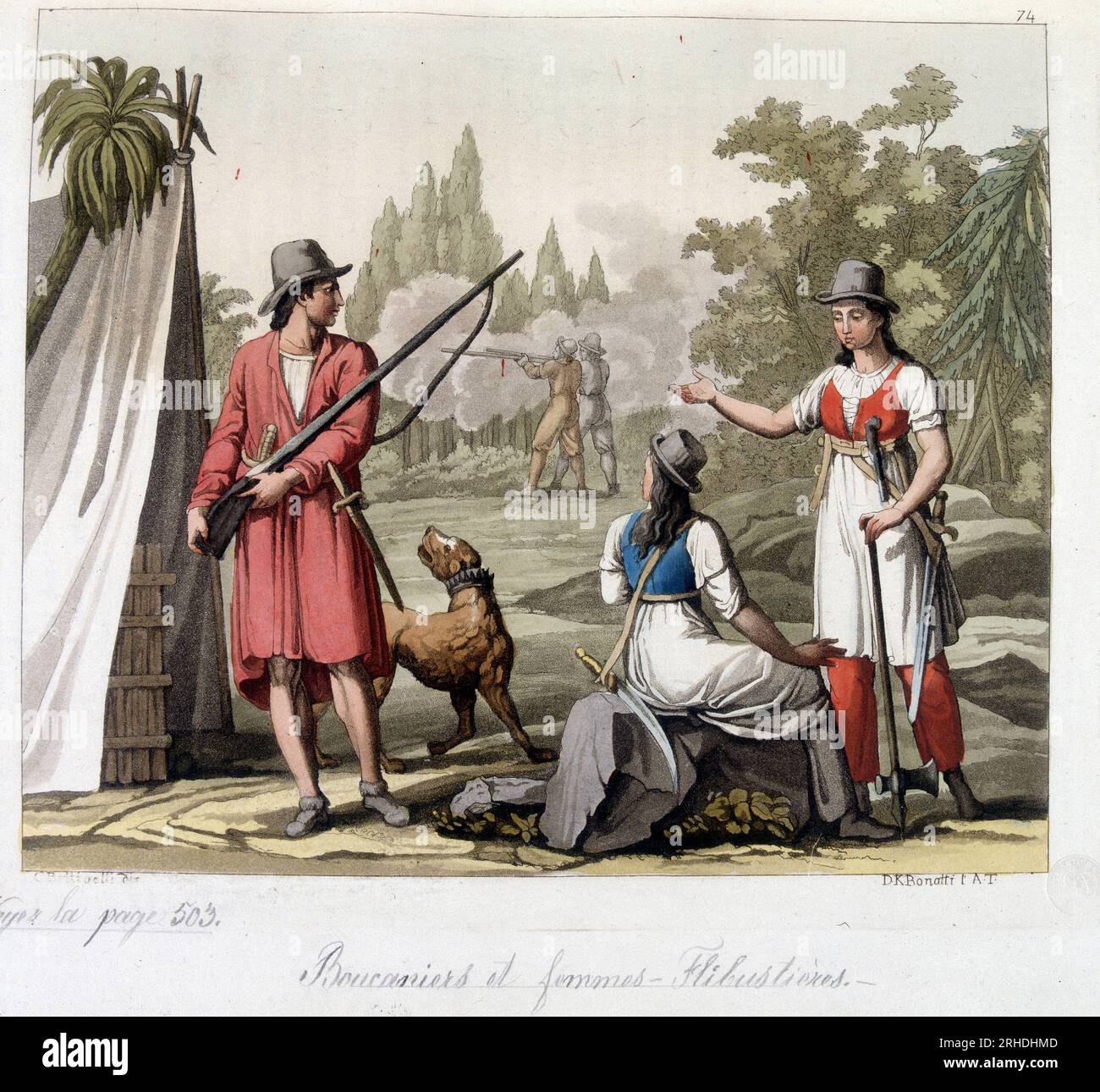 Boucaniers et femmes flibustieres : le pirate Jack Rackham dit le Rouge ou John Rackham, Plus connu sous le nom de Calico Jack (?-1720) represente avec Anne Bonny (Bonney) et Mary (Marc) Read aux Antilles. Planche tiree de "le costume ancien et moderne" par Ferrario, 1819-1820 Foto Stock