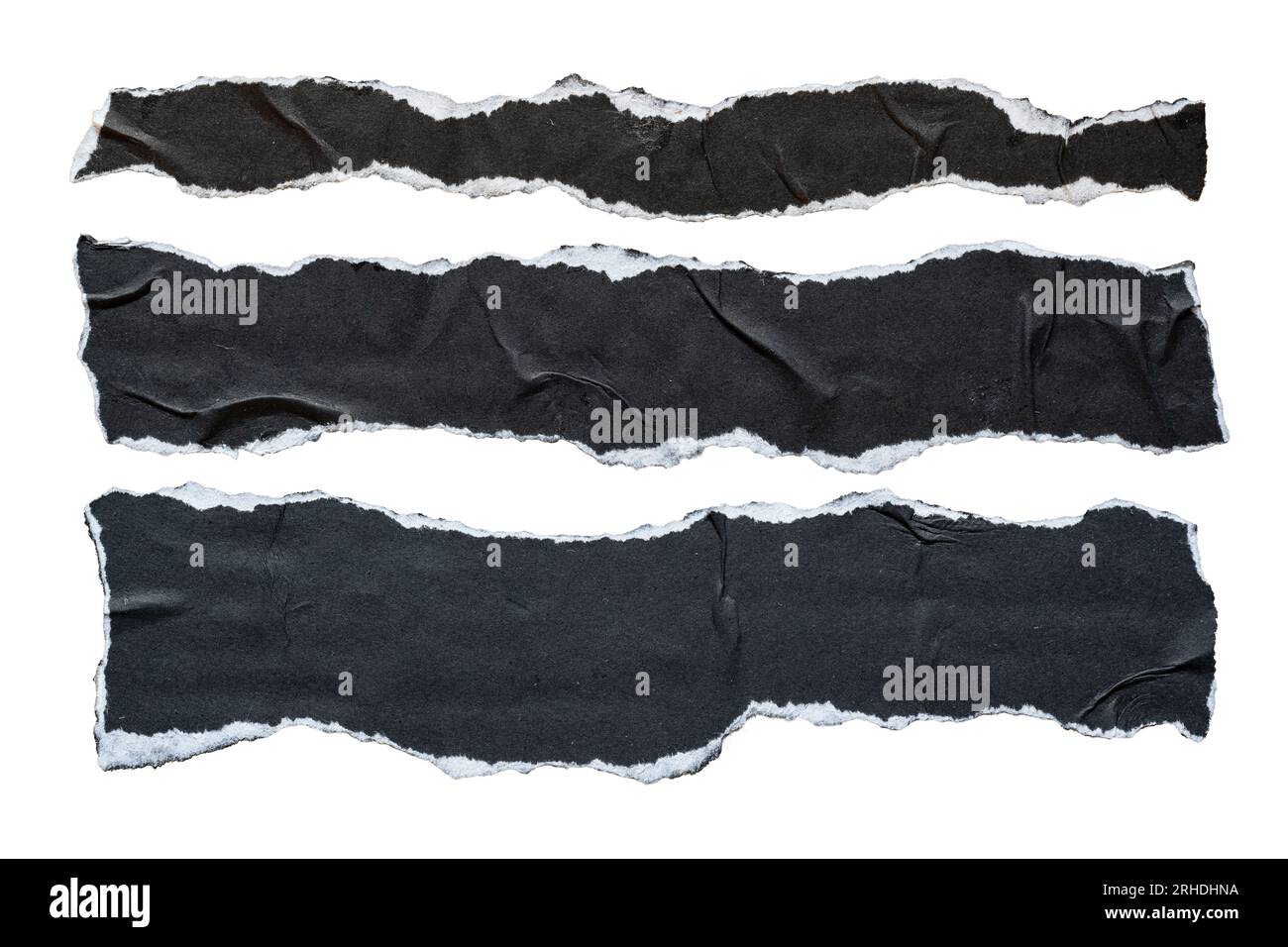 tre pezzi di carta nera lunga e strappata da utilizzare come sfondo della casella di testo Foto Stock