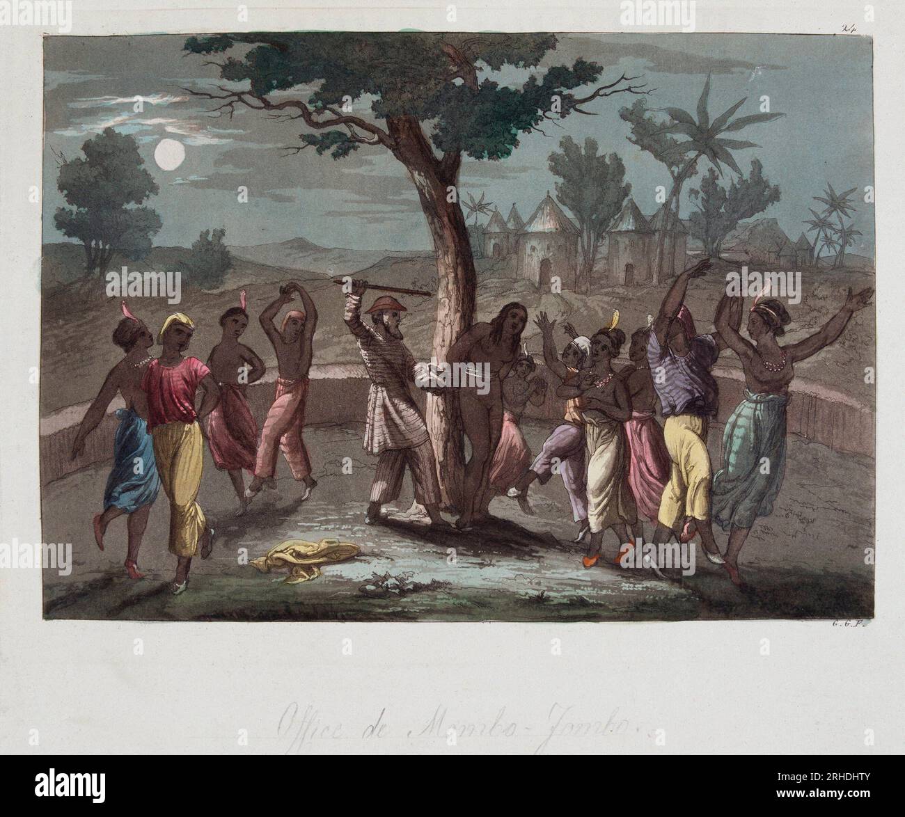 Office de Monbo Jombo (Monbo-Jombo) une nuit de pleine lune en Senegambie - in 'le costume ancien et moderne' par Ferrario, 1819-20 Foto Stock