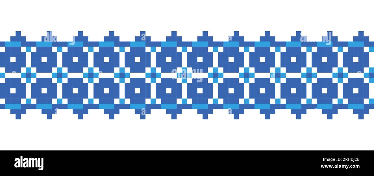 Ornamento ucraino in colori blu. Ornamento vettoriale geometrico ucraino, bordo, modello. Pixel art, ricami tradizionali vyshyvanka, cuciture incrociate Illustrazione Vettoriale