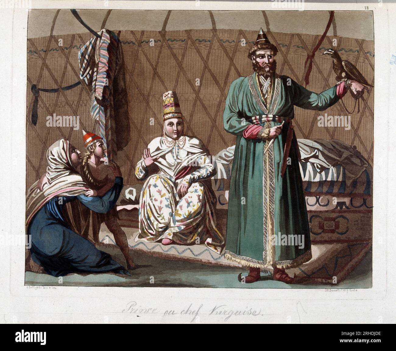 Lo Chef kirghiz du Caucase dans sa yourte - in 'Le Costume ancien et moderne' de Jules Ferrario, 1819-1820 Foto Stock