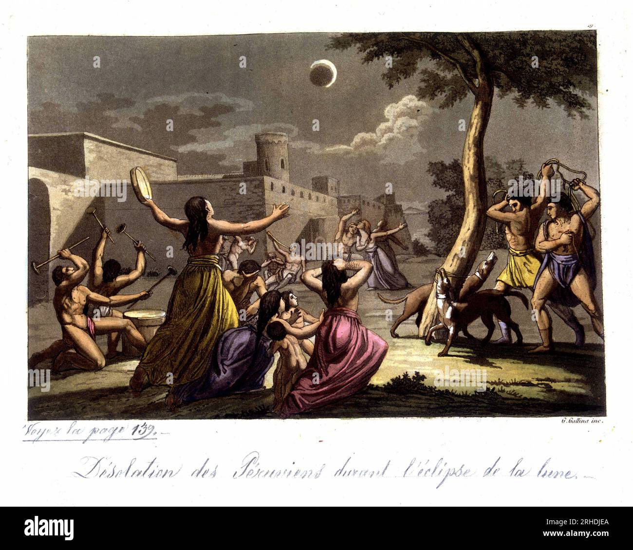 Anciens Peruviens (Incas) devant une eclipse de lune - in 'Le Costume ancien et moderne' de Jules Ferrario, 1819-1820 Foto Stock