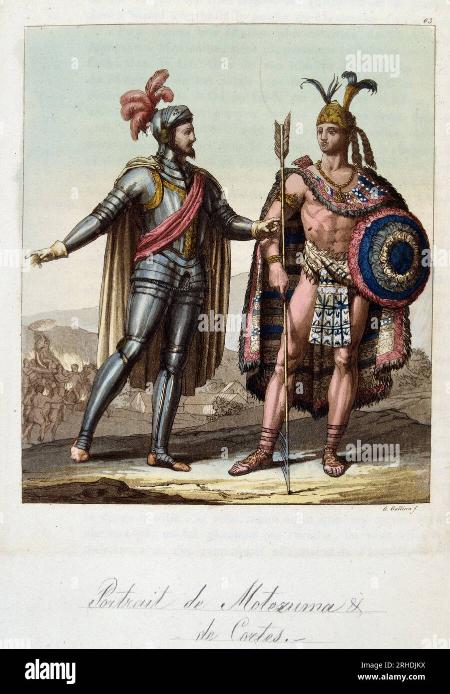 Montezuma II, roi azteque, et Hernan (ou Hernando) Cortes ou Fernand Cortez (1485-1547), conquistador espagnol - in 'le costume ancien et moderne' par Ferrario, 1819-20 Foto Stock