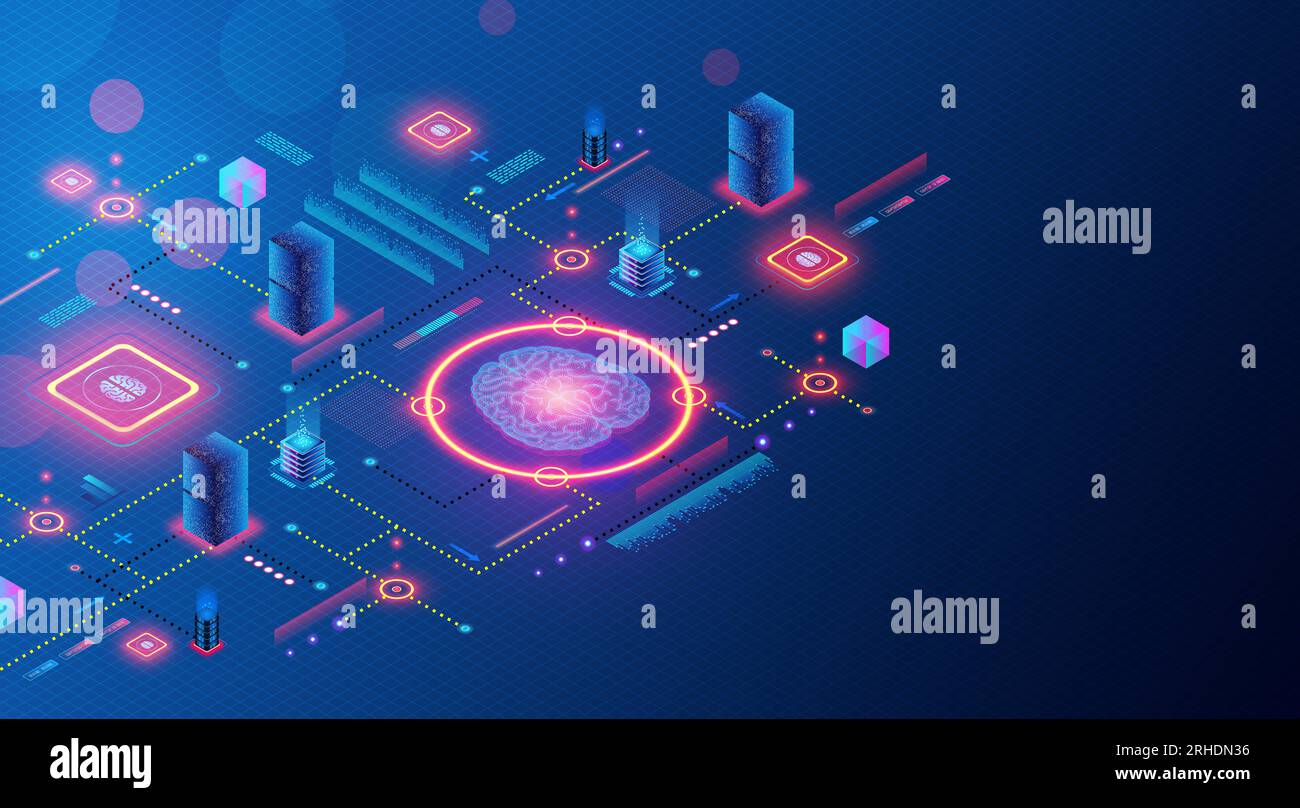 Concetto di Neurocomputation and Neural Data Systems - Information Processing and Framework Inspired by the Functions of the Human Brain - illustrazione 3D. Foto Stock