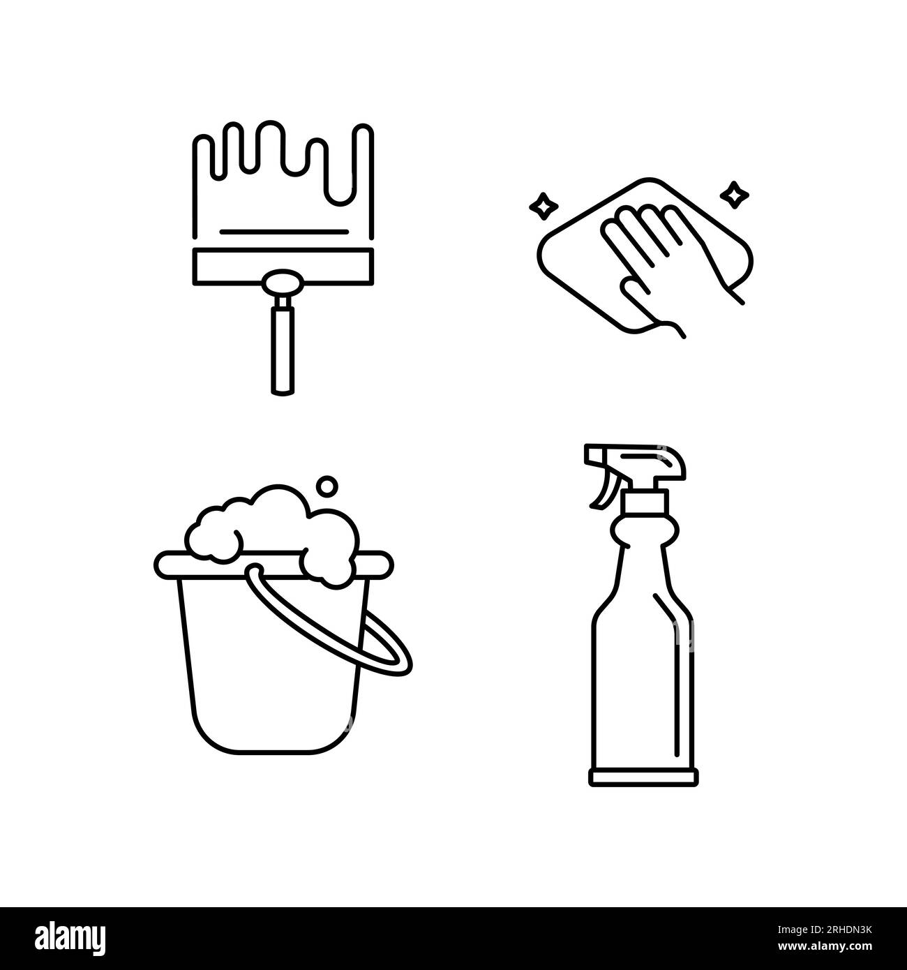 Impostare le icone di linea della pulizia isolate su bianche. Pulizia e pulizia dei finestrini. Elementi di design di qualità. Tratto modificabile Illustrazione Vettoriale
