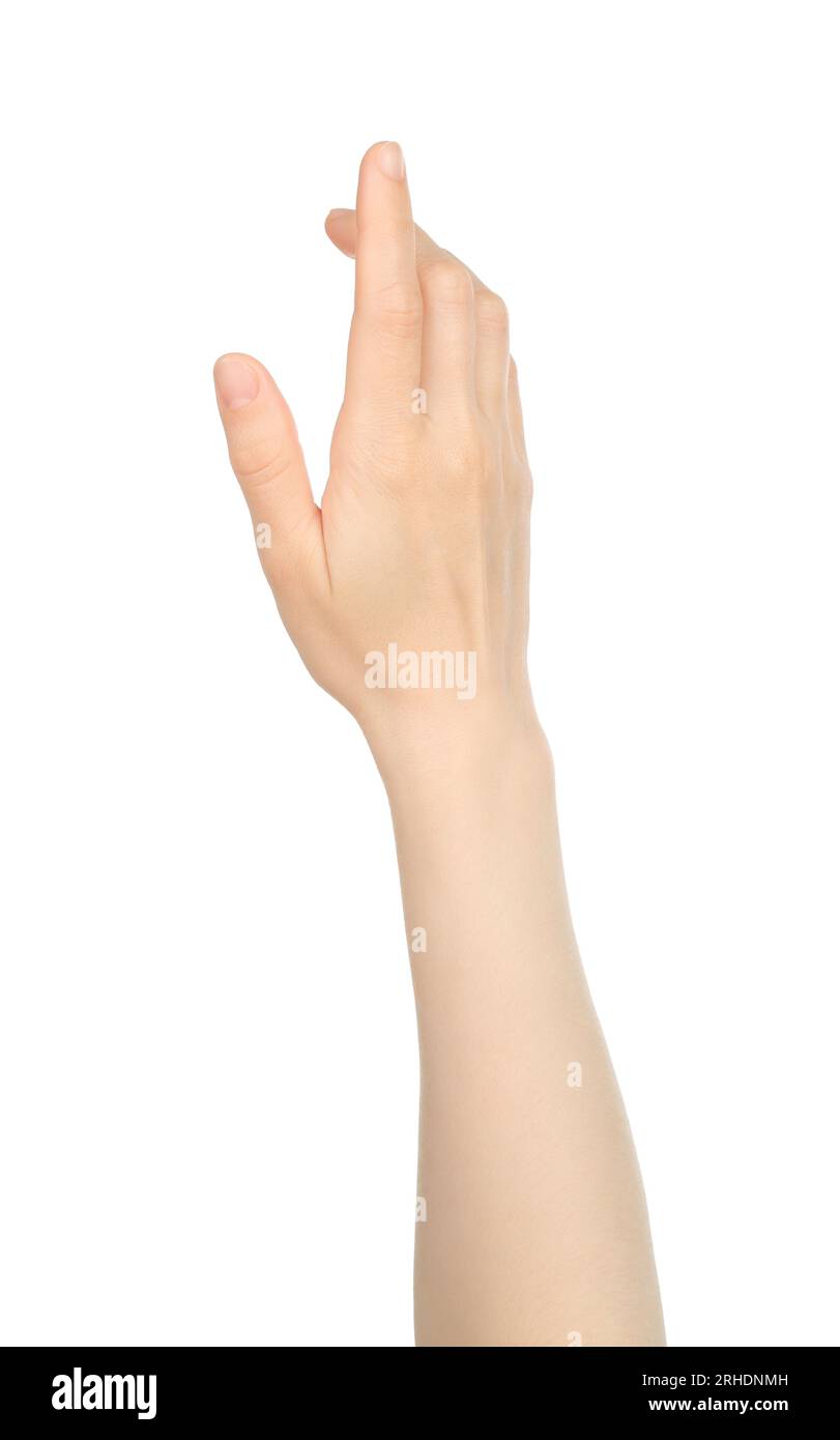 La mano di una donna mostra un tocco virtuale, su sfondo bianco in primo piano Foto Stock
