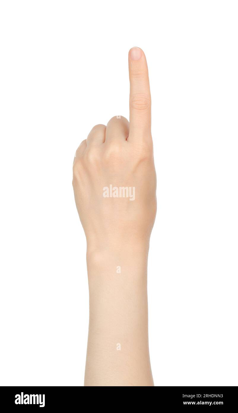 La mano di una donna mostra il conteggio delle dita, su sfondo bianco in primo piano Foto Stock