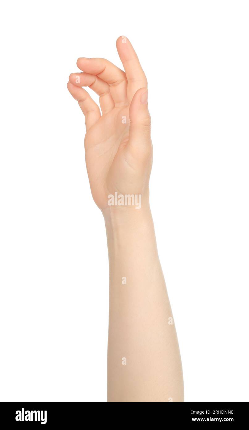 La mano di una donna mostra un tocco virtuale, su sfondo bianco in primo piano Foto Stock