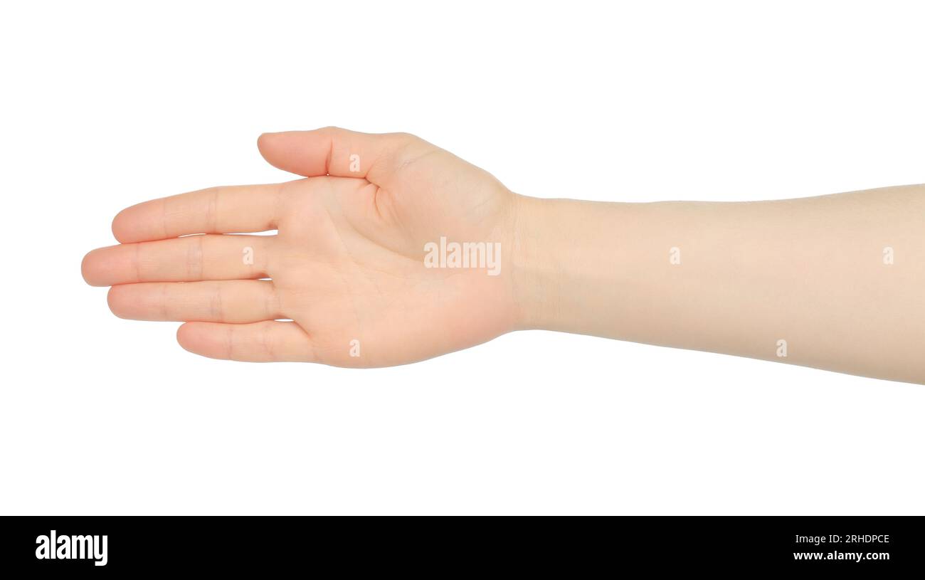 La mano di una donna mostra una stretta di mano, su sfondo bianco in primo piano Foto Stock