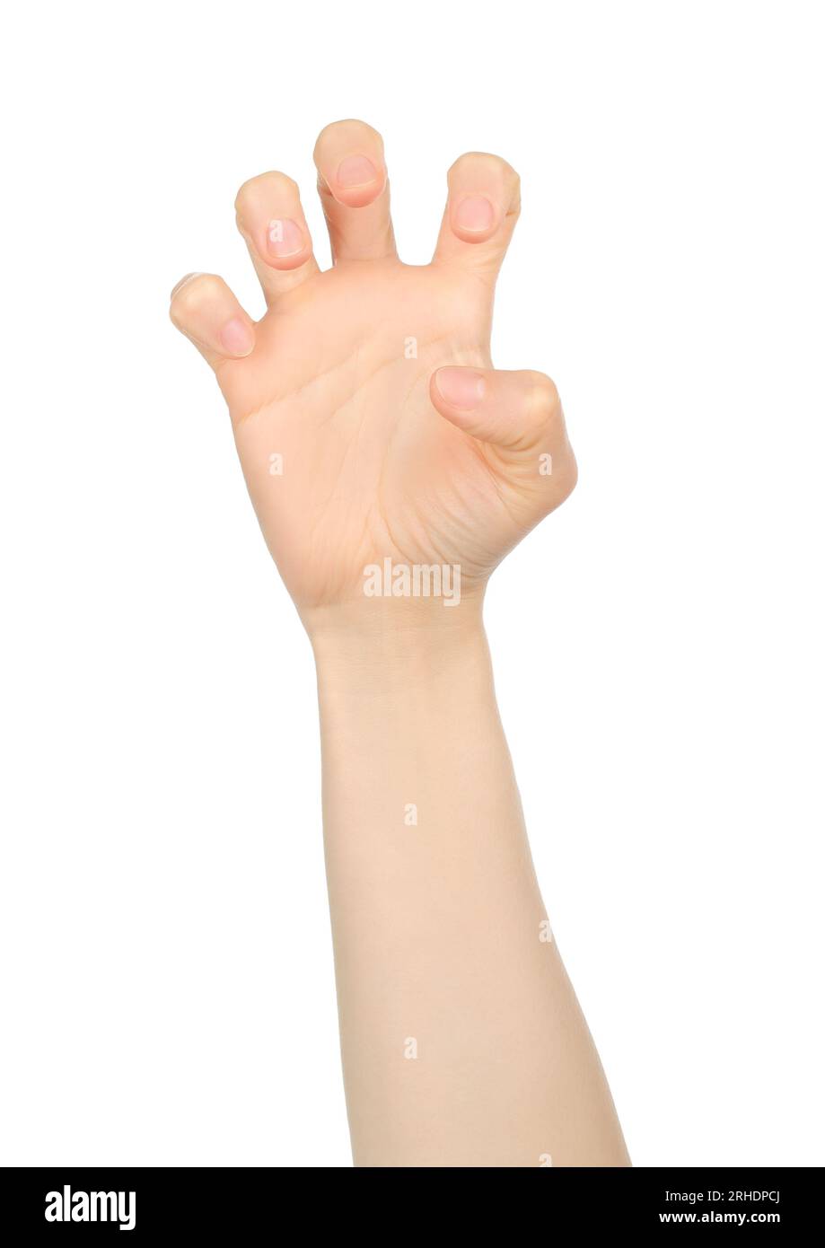 La mano di una donna si mostra come graffi, su sfondo bianco in primo piano Foto Stock