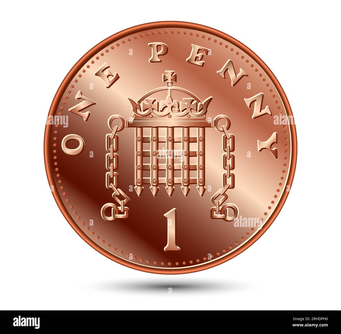 Un penny britannico di monete di bronzo con portcullis e corona isolati su sfondo bianco. Illustrazione vettoriale. Illustrazione Vettoriale