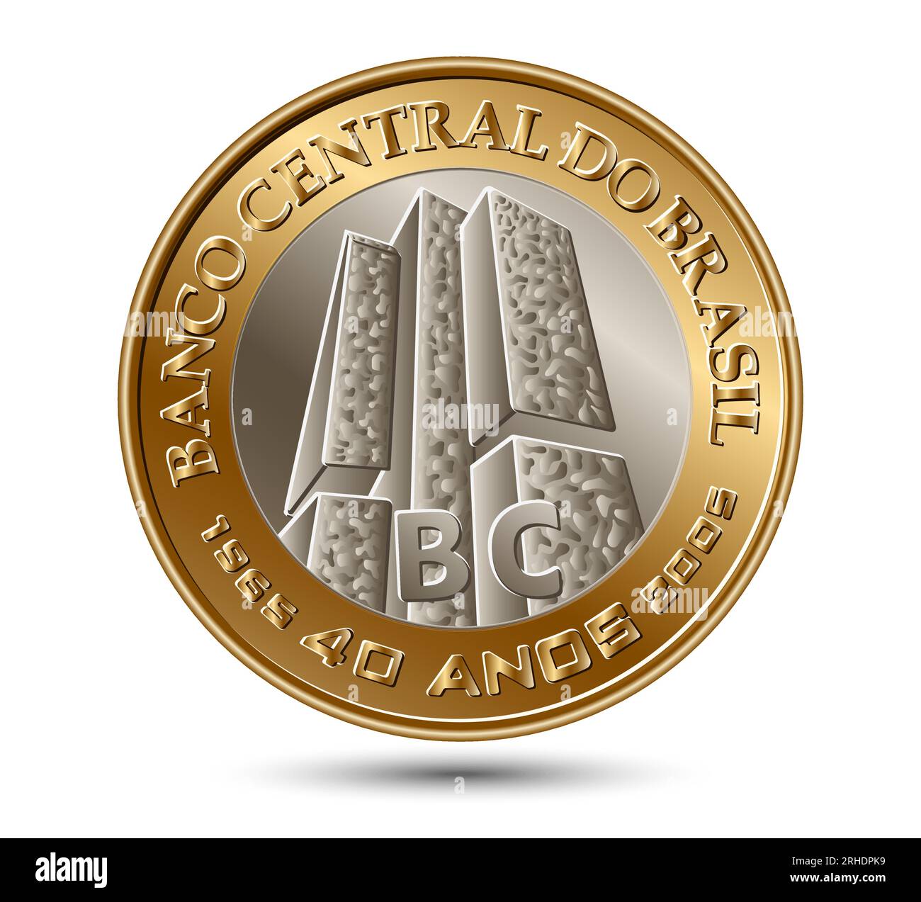 Moneta brasiliana commemorativa "One Real", "Forty Years Central Bank (2005)" isolata su sfondo bianco. Illustrazione vettoriale. Illustrazione Vettoriale