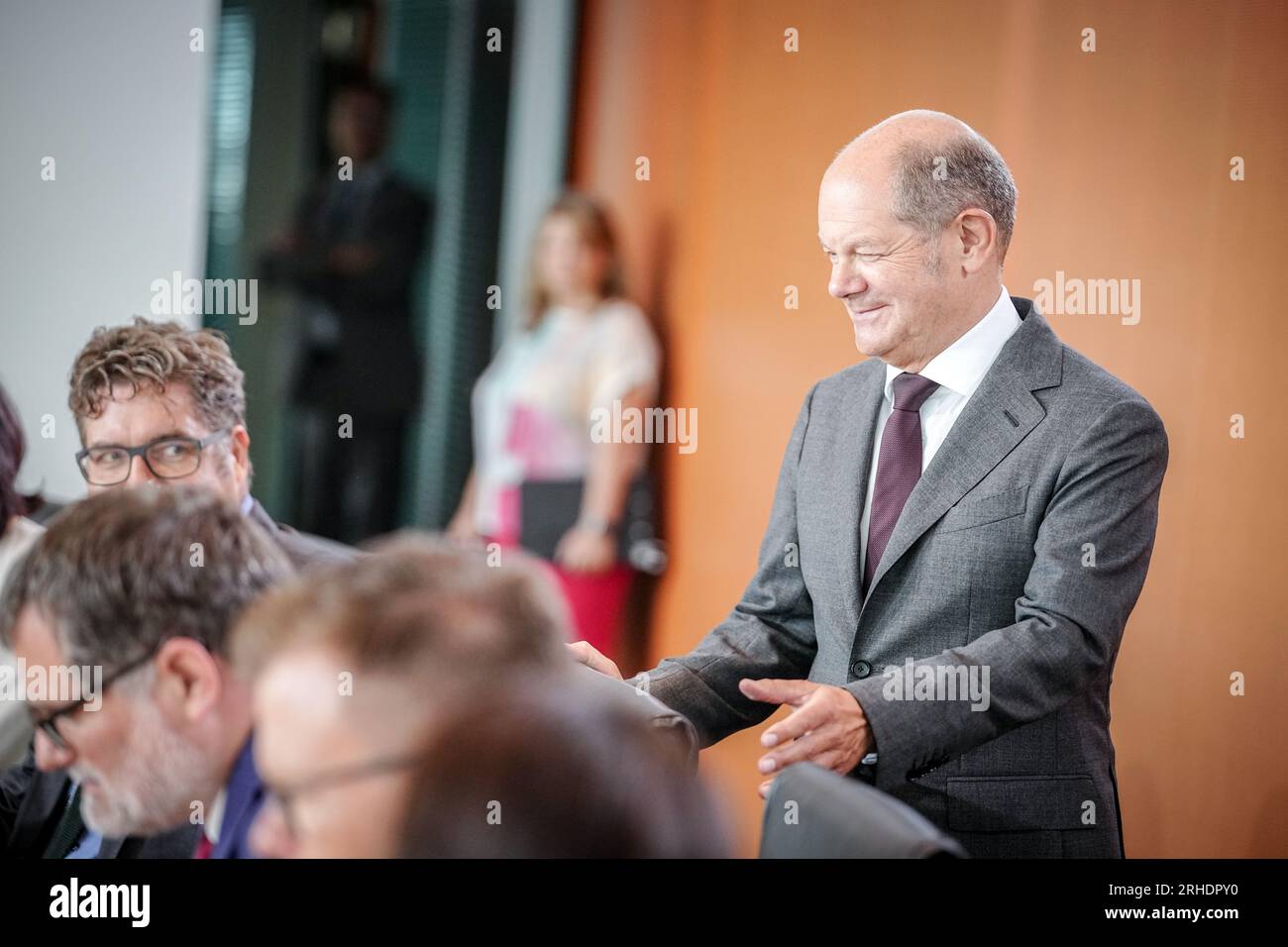 Berlino, Germania. 16 agosto 2023. Il Cancelliere Olaf Scholz (SPD) partecipa alla riunione del Gabinetto federale. Crediti: Kay Nietfeld/dpa/Alamy Live News Foto Stock