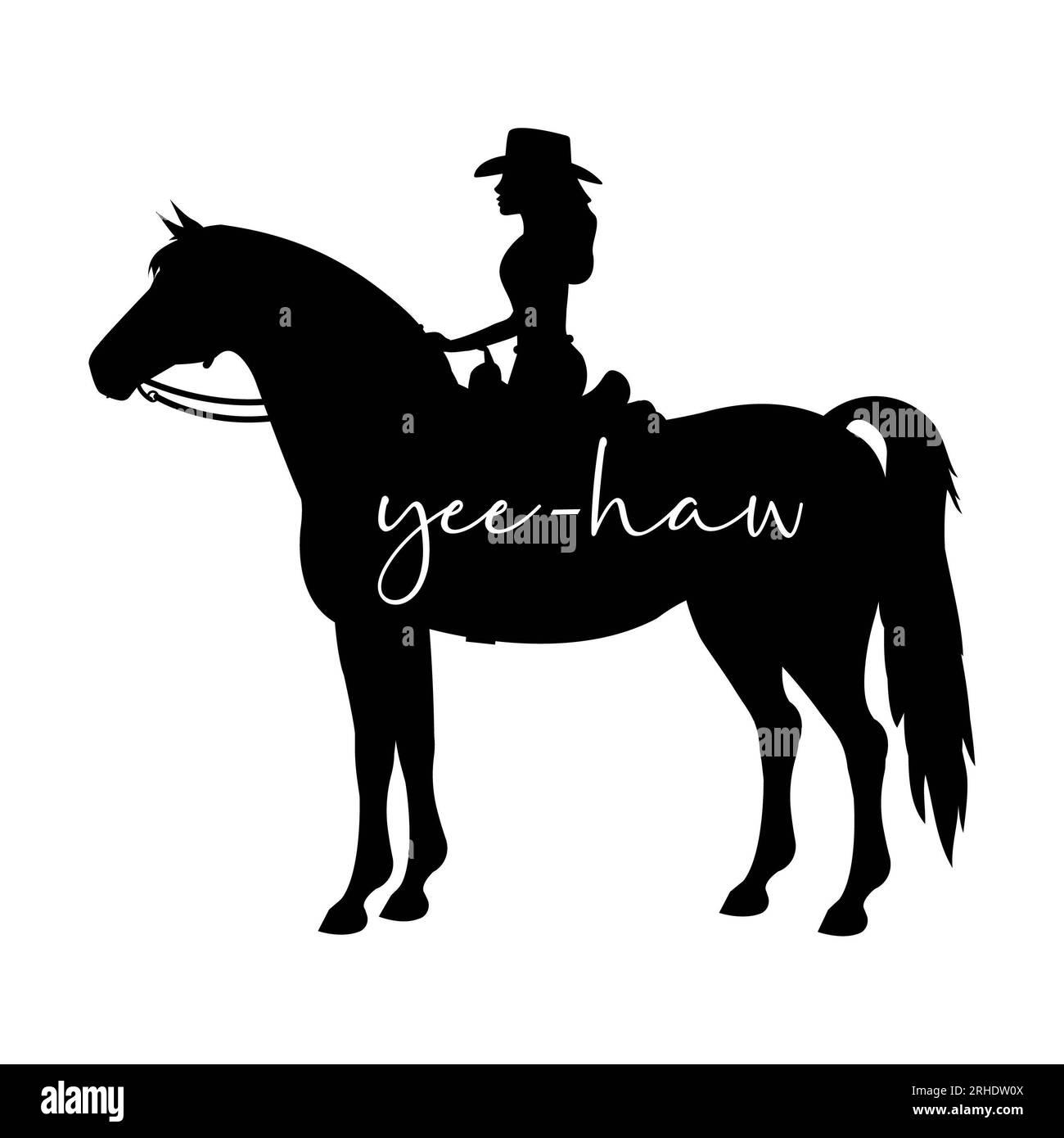 Cowgirl su un cavallo con Yee-Haw che scrive su sfondo bianco. Illustrazione isolata. Foto Stock