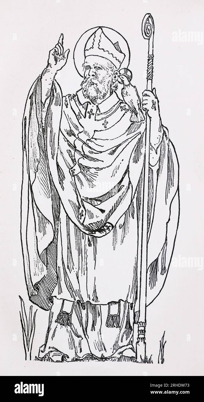Ritratto di San Davide, santo patrono del Galles. Incisione da Lives of the Saints di Sabin Baring-Gould. Foto Stock