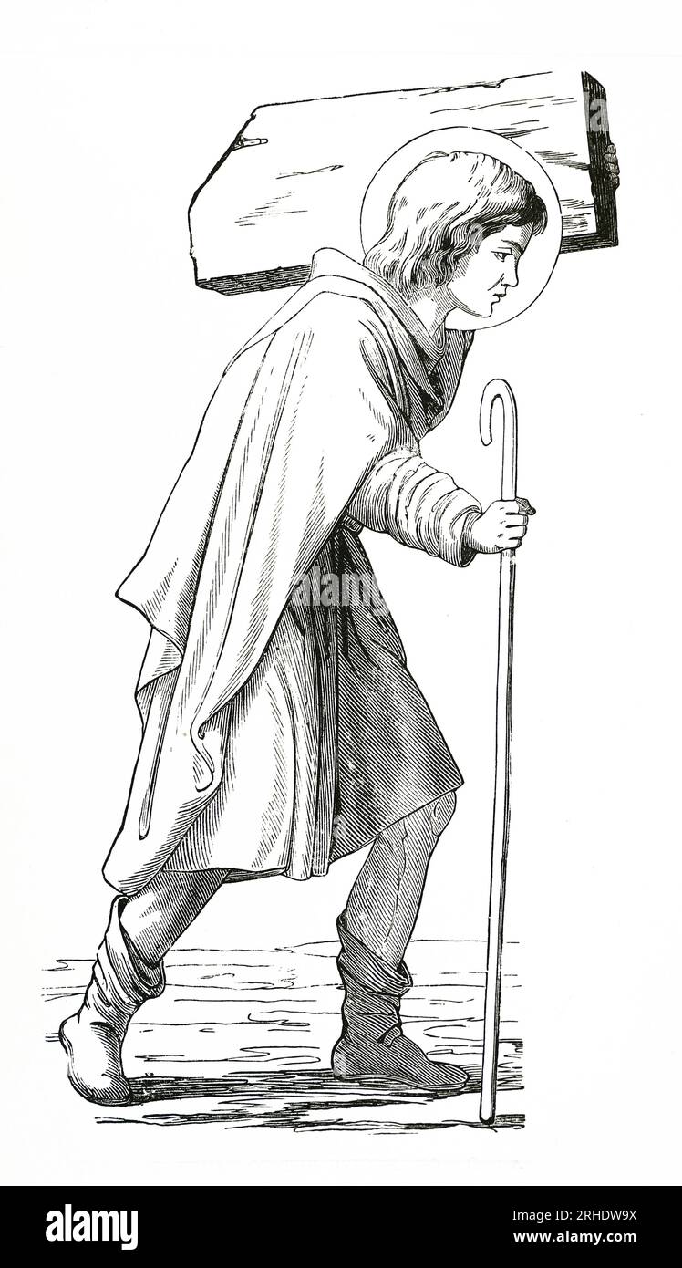 St Benet del Ponte. È legato a questo santo che ricevette istruzioni da un angelo di costruire un ponte di pietra sul Rodano contro Avignone, in Francia, per porre fine ai numerosi incidenti che si erano verificati in questo punto pericoloso. Egli è rappresentato nell'arte portando una pietra enorme sulla sua spalla. Incisione da Lives of the Saints di Sabin Baring-Gould. Foto Stock